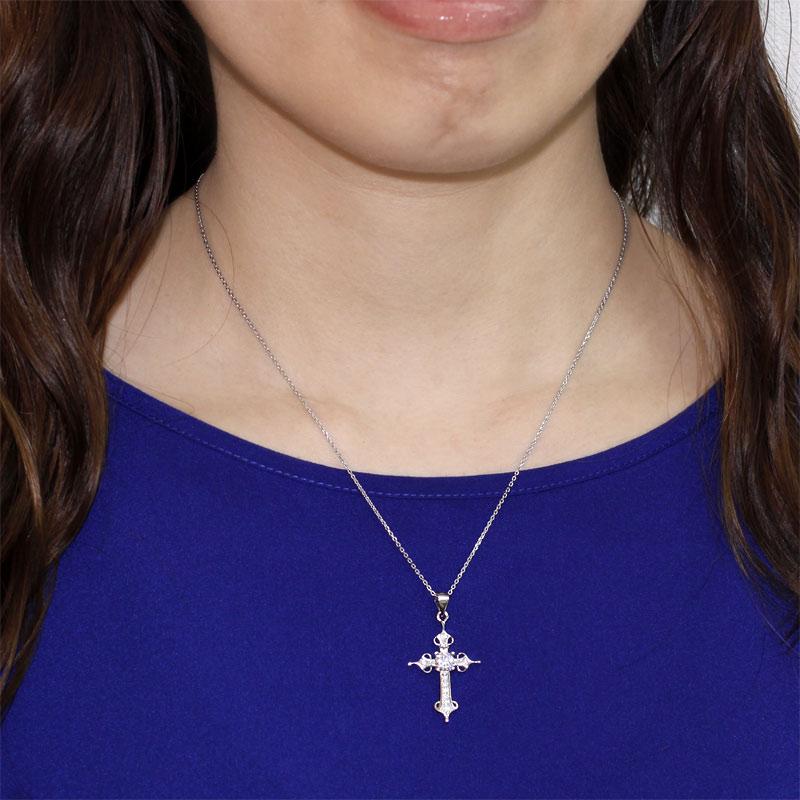 925 Sterling Silver Cross Pendant Necklace Round Cut Created Diamond Jewelry XFN