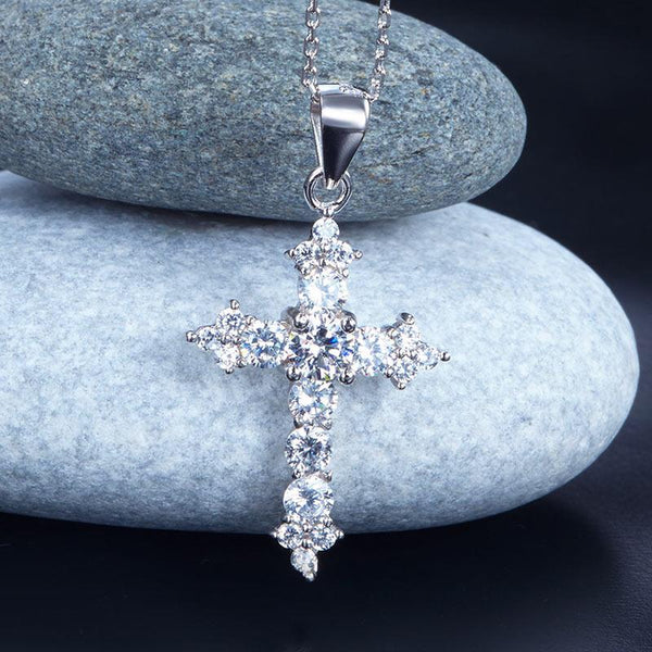 Round Cut Created  Diamond 925 Sterling Silver Cross Pendant Necklace XFN8028