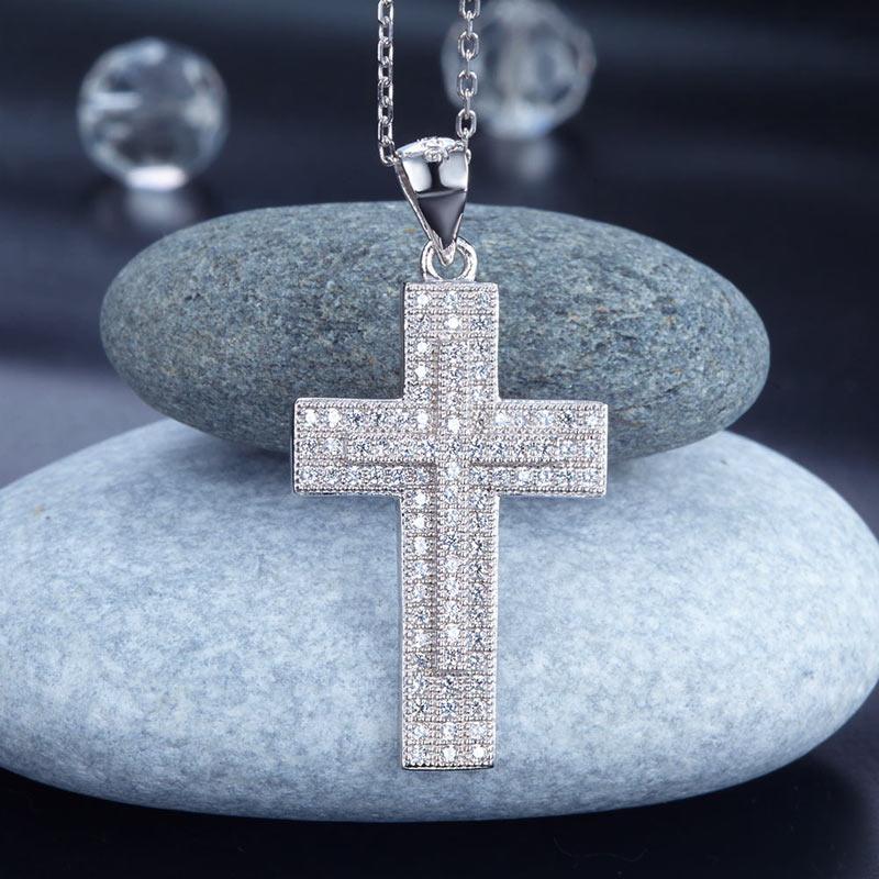 Micro Setting Cubic Zirconia 925 Sterling Silver Cross Pendant Necklace XFN8039