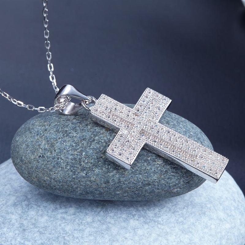 Micro Setting Cubic Zirconia 925 Sterling Silver Cross Pendant Necklace XFN8039
