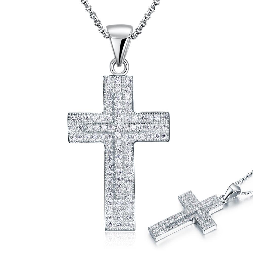 Micro Setting Cubic Zirconia 925 Sterling Silver Cross Pendant Necklace XFN8039