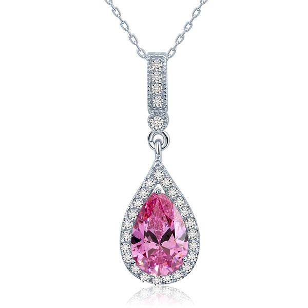 925 Sterling Silver Fashion Bridesmaid Pink Pendant Necklace Bridal Wedding Tear