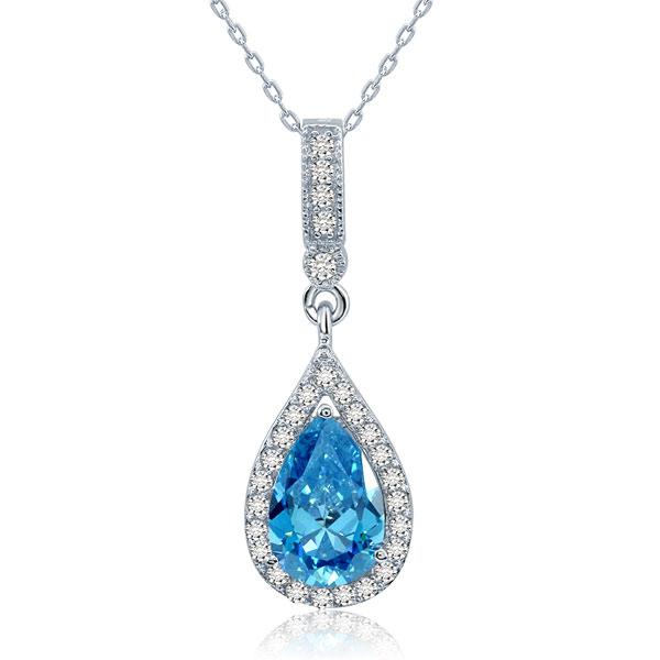 925 Sterling Silver Fashion Bridesmaid Blue Pendant Necklace Bridal Wedding Tear