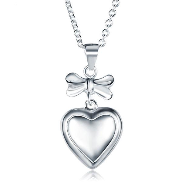 Kids Girl Ribbon Heart Pendant Necklace 925 Sterling Silver Children Jewelry XFN
