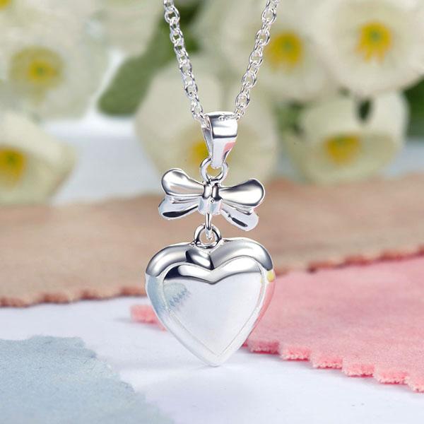 Kids Girl Ribbon Heart Pendant Necklace 925 Sterling Silver Children Jewelry XFN