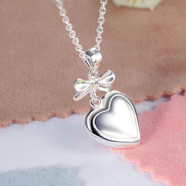 Kids Girl Ribbon Heart Pendant Necklace 925 Sterling Silver Children Jewelry XFN