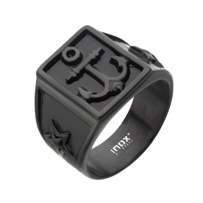 Steel & Black Plated Oxidized Anchor Signet Ring