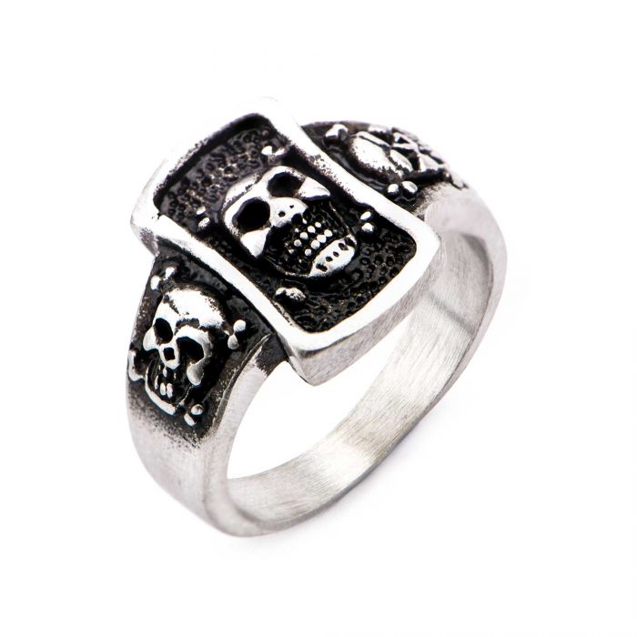 Stainless Steel Brushed Gunmetal Finish Skull Ring