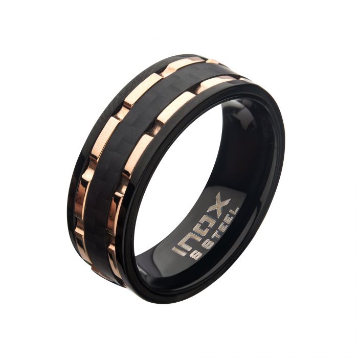 Rose Gold IP/Black IP Lines & Carbon Fiber Hammered Ring