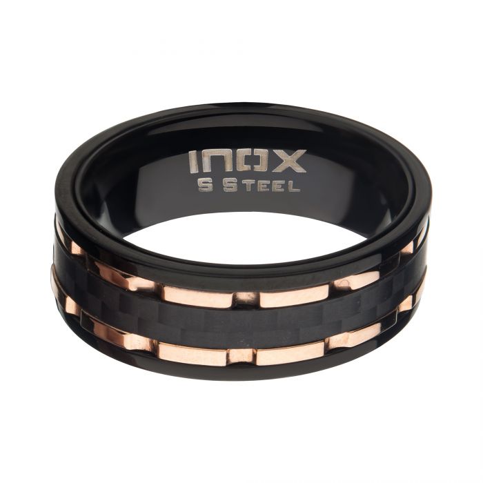 Rose Gold IP/Black IP Lines & Carbon Fiber Hammered Ring