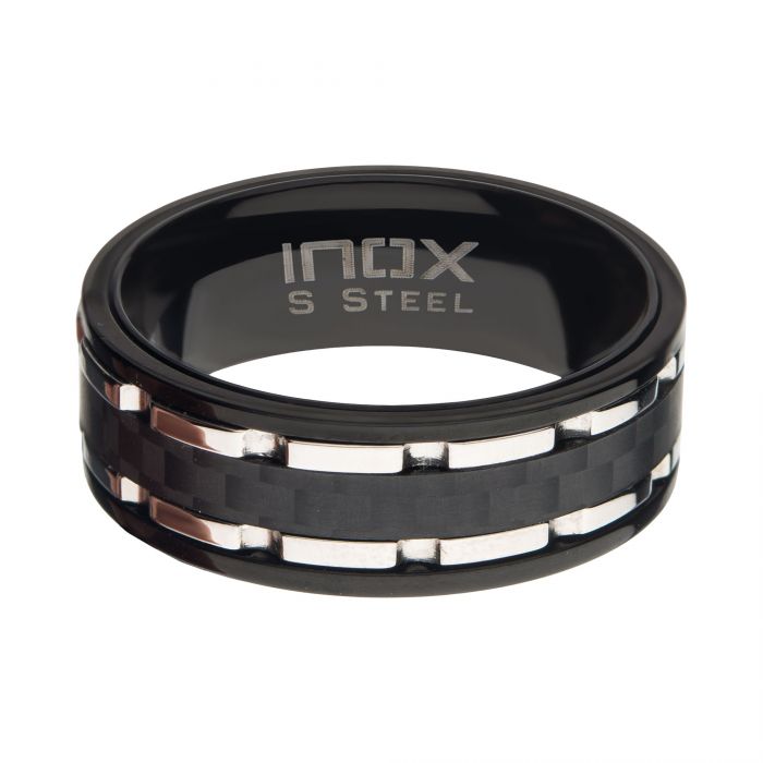 Stainless Steel/Black IP Lines & Carbon Fiber Hammered Ring