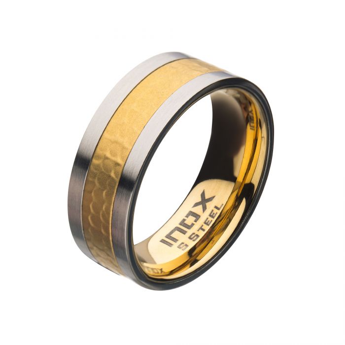 Matte Stainless Steel with Gold IP Hammered Ring