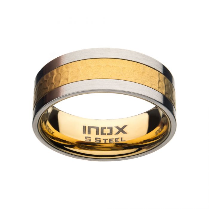 Matte Stainless Steel with Gold IP Hammered Ring