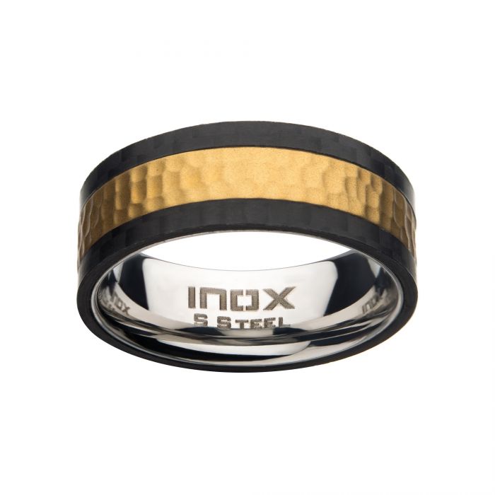 Stainless Steel & Carbon Fiber with Gold IP Hammered Ring