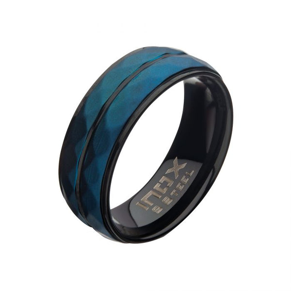 Stainless Steel with Matte Black & Blue IP Double Hammered Ring