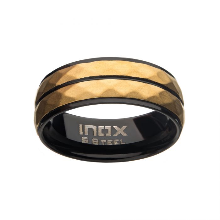 Stainless Steel with Matte Black & Gold IP Double Hammered Ring