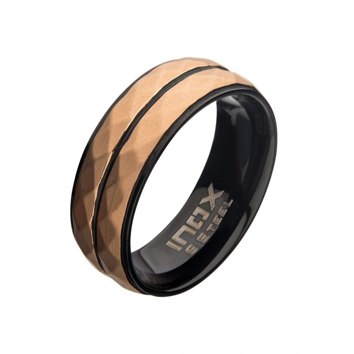 Stainless Steel with Matte Black & Rose Gold IP Double Hammered Ring