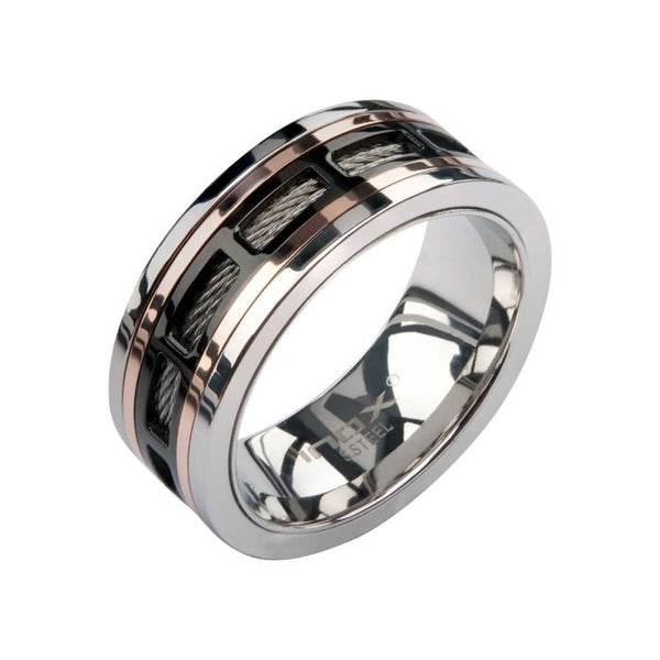 Stainless Steel Cable Black and Rose Gold Plated Window Ring