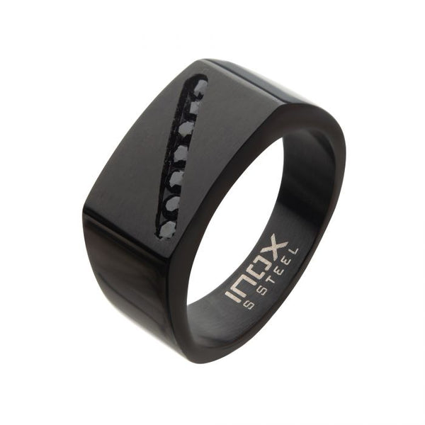 Stainless Steel Black Plated with Black CZ Gem in Diagonal Line Polished Signet Rings