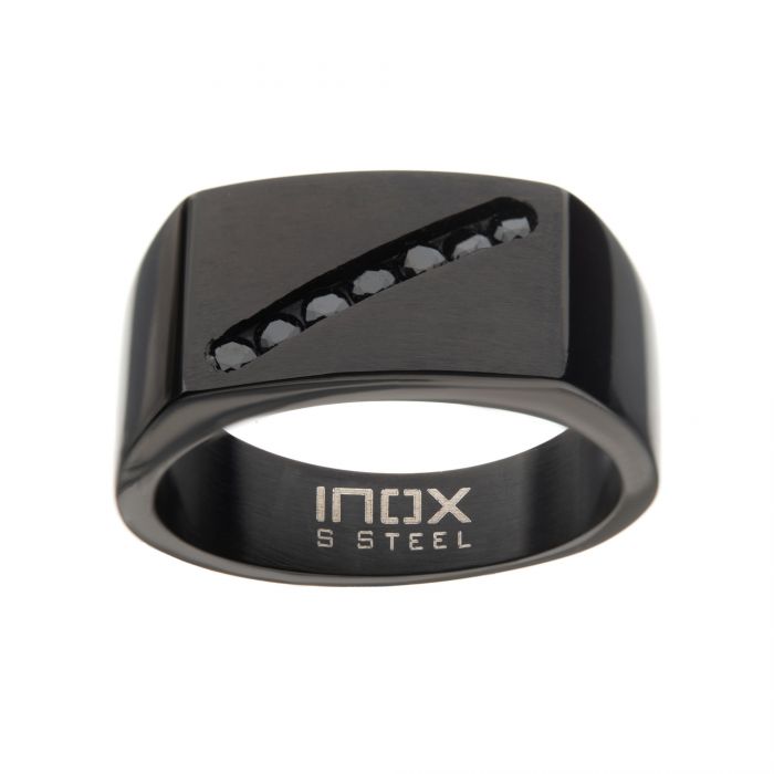 Stainless Steel Black Plated with Black CZ Gem in Diagonal Line Polished Signet Rings