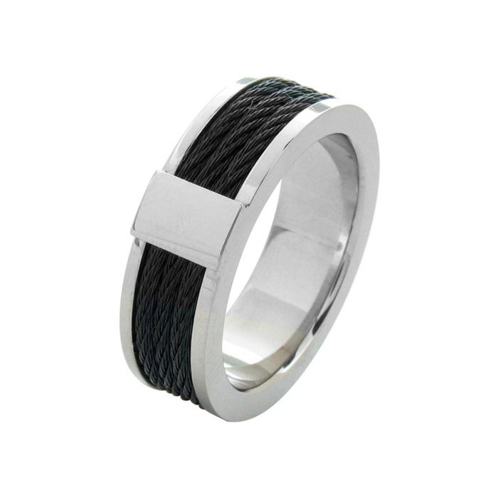 Steel Black Cable Inlayed Comfort Fit Ring