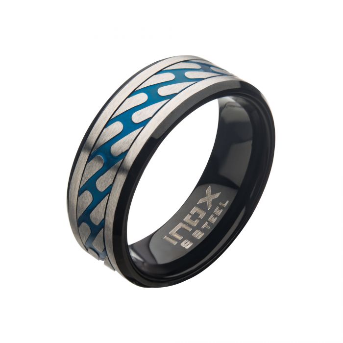 Matte Stainless Steel & Blue IP Curb Chain Ring