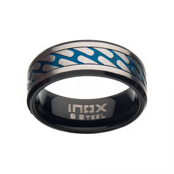 Matte Stainless Steel & Blue IP Curb Chain Ring