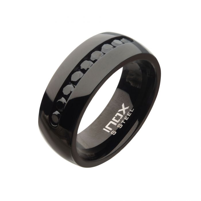 Stainless Steel Black Plated with Black CZ Gem Polished Signet Rings