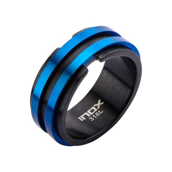 Matte Black Plated with Thin Blue Lines Ring