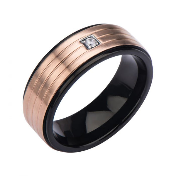 Twotone Black Plated and Rose Gold Plated in 3 Lines with Clear Gem Top Ring
