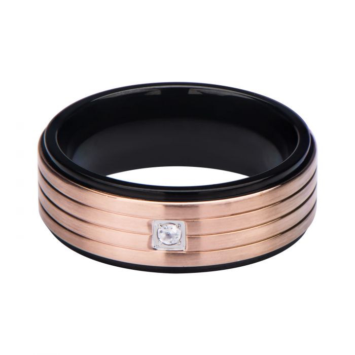 Twotone Black Plated and Rose Gold Plated in 3 Lines with Clear Gem Top Ring