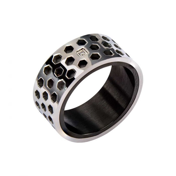 Steel Honey Comb Pattern with 1 pc Clear Genuine Diamond and Black Plated in the Middle Ring