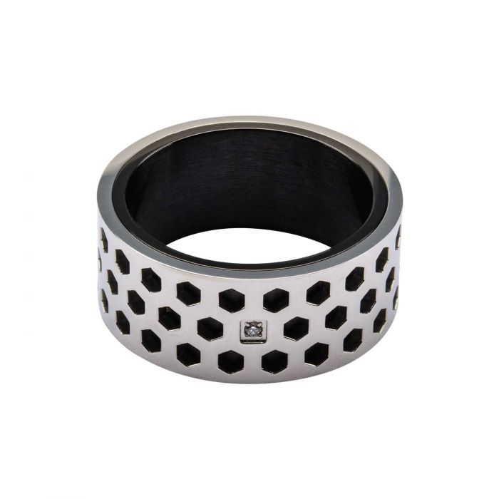 Steel Honey Comb Pattern with 1 pc Clear Genuine Diamond and Black Plated in the Middle Ring