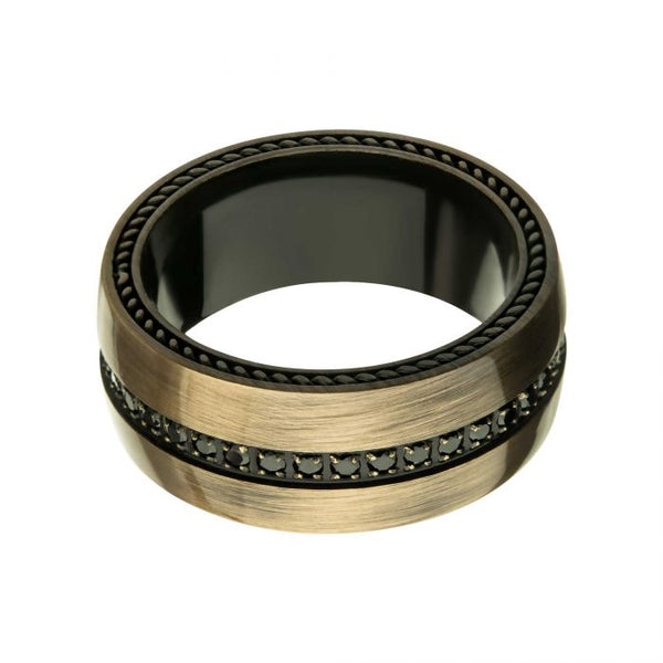 Stainless Steel Antique Plated with Black CZ in the middle Ring