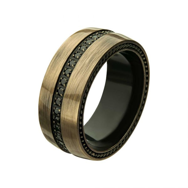 Stainless Steel Antique Plated with Black CZ in the middle Ring