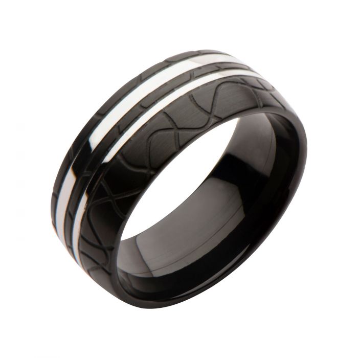 Black Plated and Steel Patterned Ring