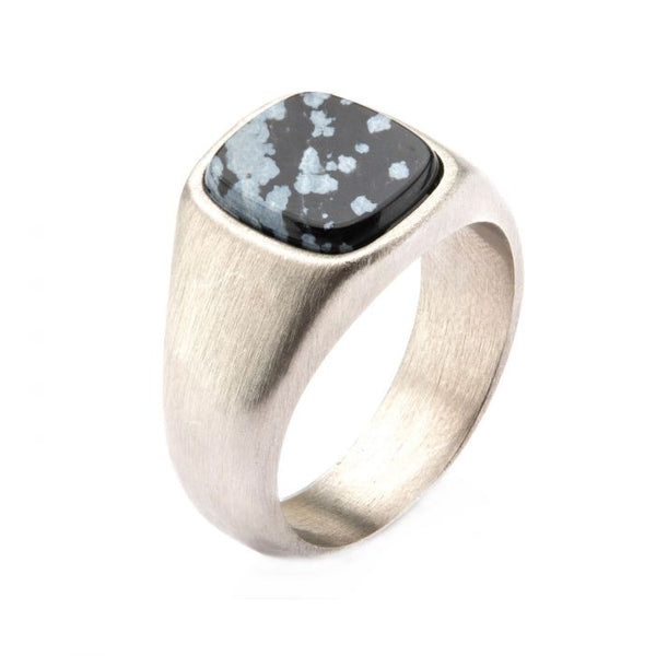 Men's Stainless Steel Signet Ring in Matte Finish with Polished Snowflake . Available Sizes: 9 and 10.