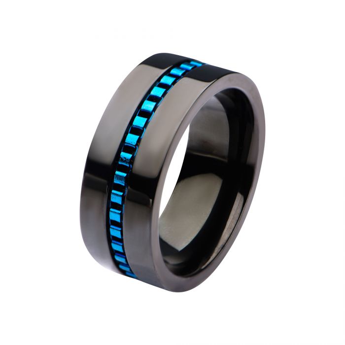 Black Plated with Blue Plated Interconnected Link Polished Ring