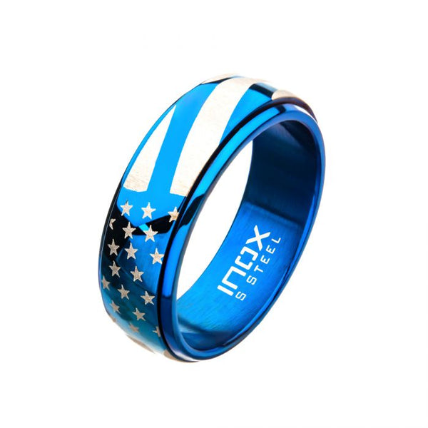 Steel and Blue Plated Spinner American Flag Pride Rings