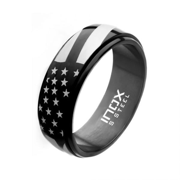 Steel and Black Plated Spinner American Flag Pride Rings