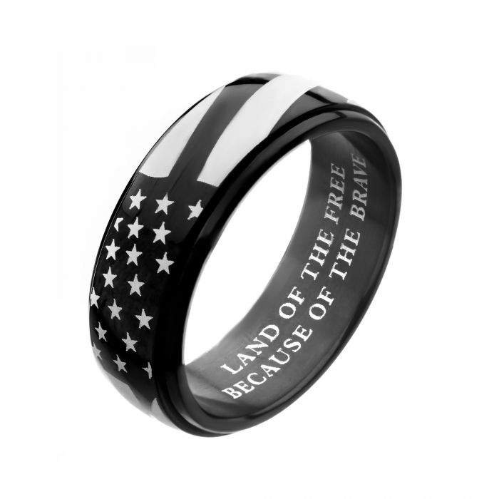 Steel and Black Plated Spinner American Flag Pride Rings