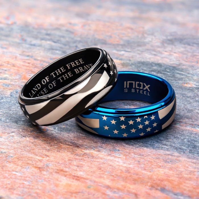 Steel and Black Plated Spinner American Flag Pride Rings