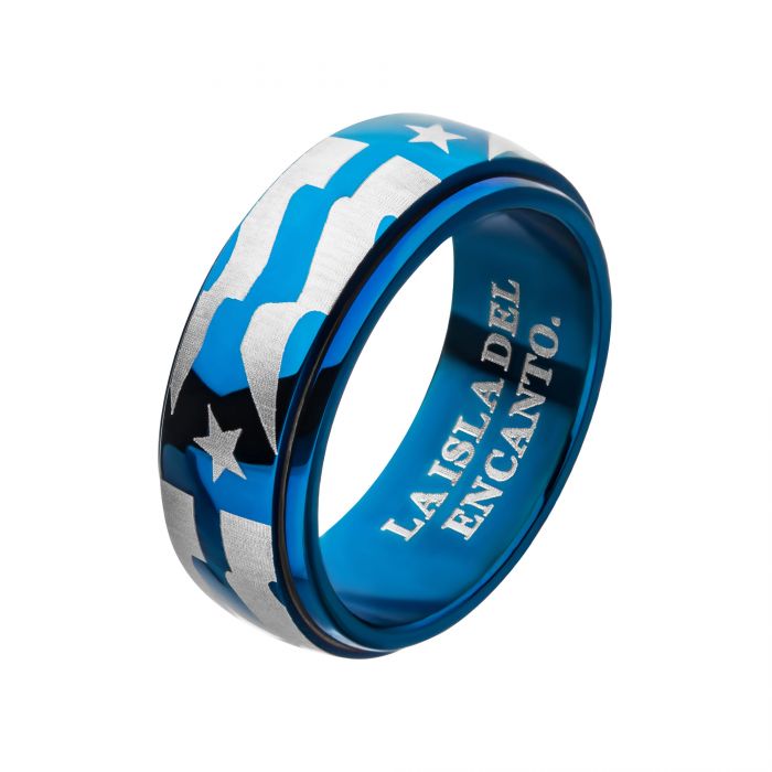 Stainless Steel and Blue Plated Puerto Rico Flag Spinner Ring