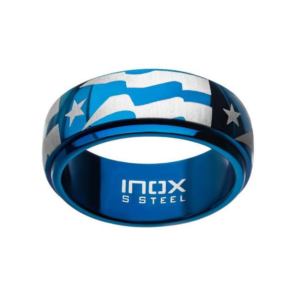Stainless Steel and Blue Plated Puerto Rico Flag Spinner Ring