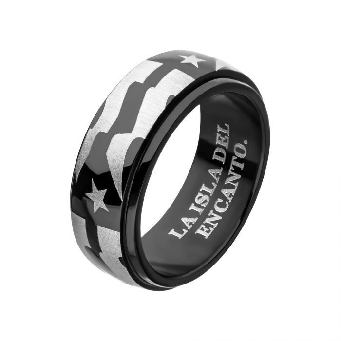 Stainless Steel and Black Plated Puerto Rico Flag Spinner Ring