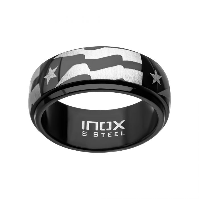 Stainless Steel and Black Plated Puerto Rico Flag Spinner Ring