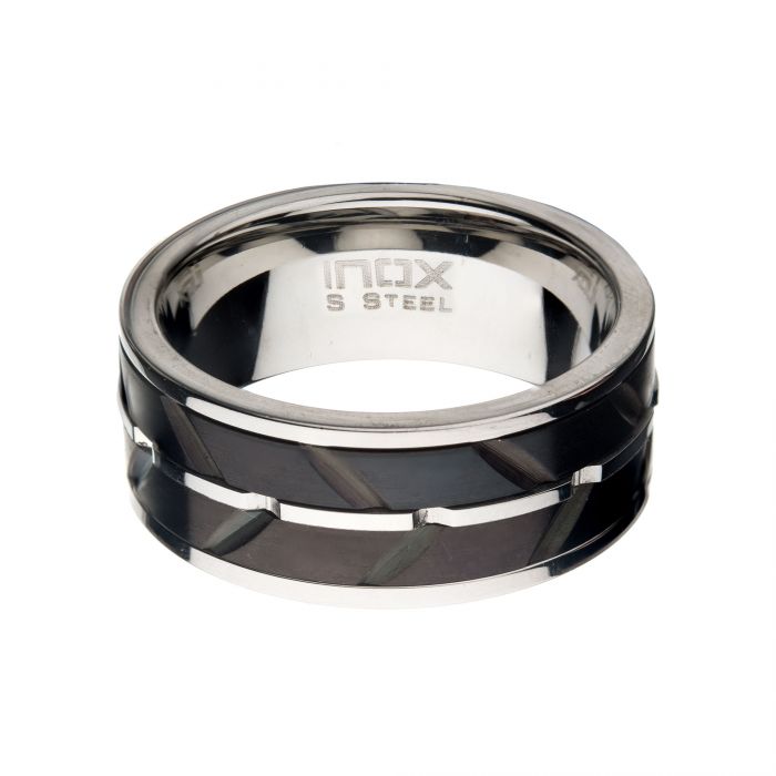 Stainless Steel & Black IP Raised Wave Ring