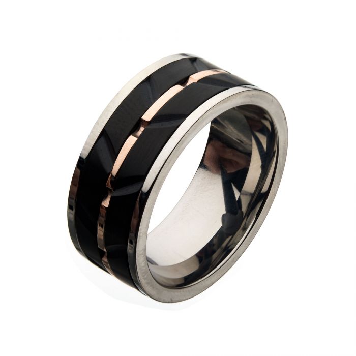 Stainless Steel & Black IP Raised Wave Ring