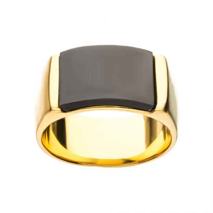 Two Tone Stainless Steel Gold, Black IP Engraveable Signet Ring