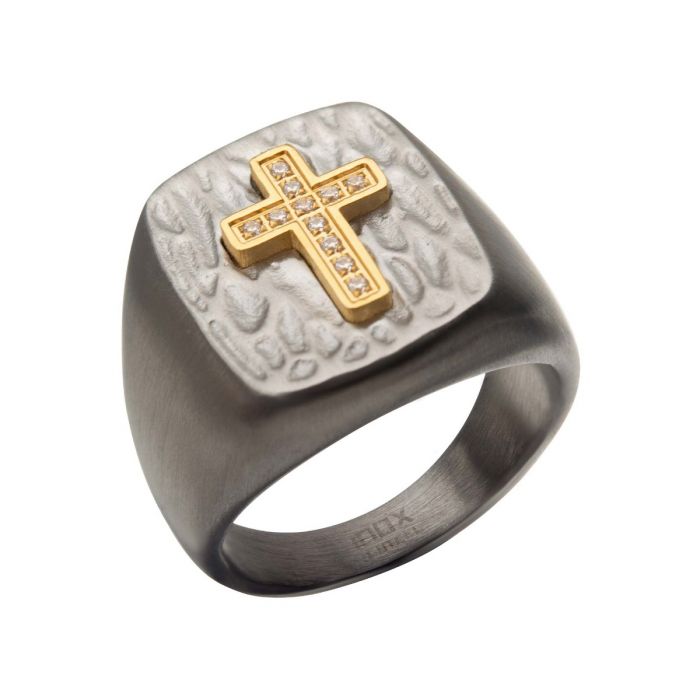 Gold Plated Cross with Clear CZs on Steel Hammered Signet Rings